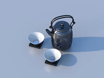 Black Kettle With Two White Bowls On Black Coasters Over Light Gray Surface 3d model
