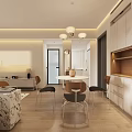 Modern Open Dining Living Room Interior With Dining Table Chairs Pendant Lights And Wall Shelves