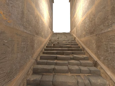 Modern Stone Staircase Design With Hieroglyphic Walls And Natural Light Streaming Through 3d model