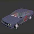Blue Car with Colorful Flame Decals and Stylish Rims 3D Render