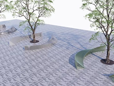 Curved Modern Outdoor Chairs With Trees In Paved Patio Area 3d model