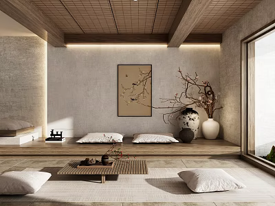 Japanese Style Tea Room With Wooden Ceiling Sitting Platform Pillows And Decorative Painting 3d model
