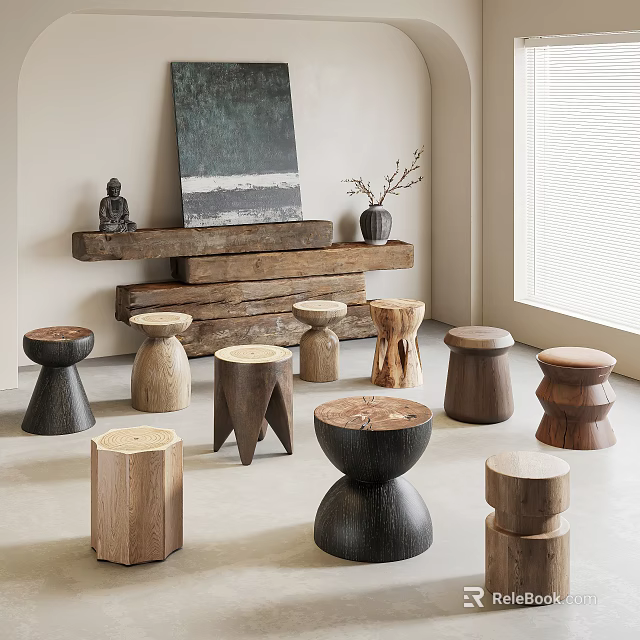 Various Wooden Stools with Different Designs in Modern Interior with Artwork and Shelf 3d model