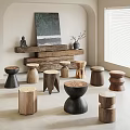Various Wooden Stools with Different Designs in Modern Interior with Artwork and Shelf 3d model