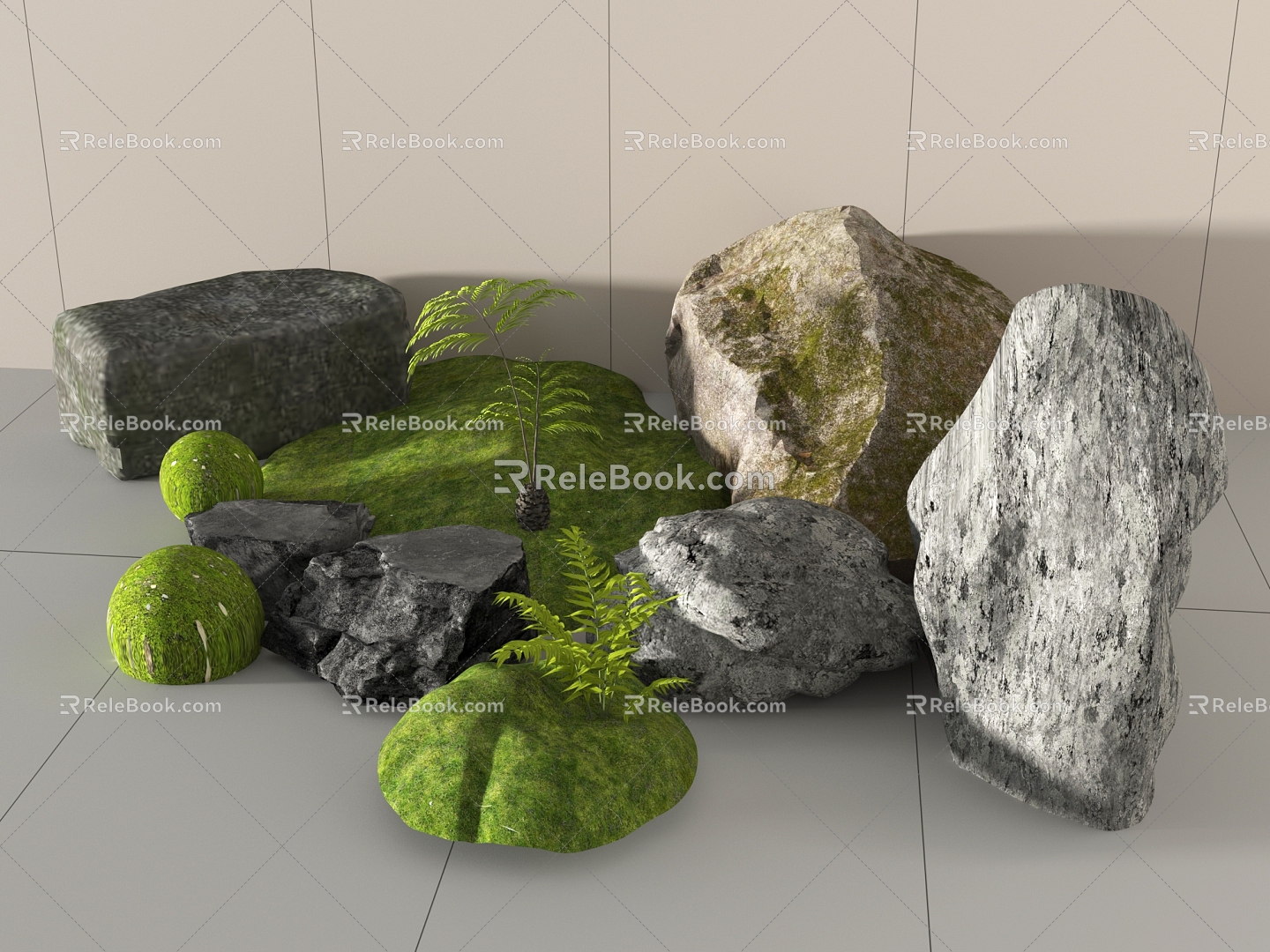 Modern style stone stone rock landscape stone moss green plant moss ball 3d model