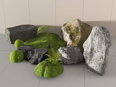 Modern style stone rock landscape stone moss green plant moss ball 3d model