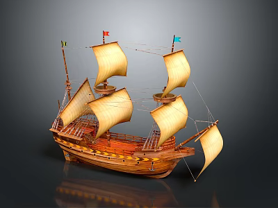 Detailed Wooden Sailing Ship Model With Multiple Yellow Sails And Colorful Flags 3d model