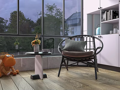 Cozy Leisure Chair by Large Windows with Twilight Tree View Small Table and Flower Vase 3d model