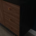 Wooden Sideboard With Drawers Cabinets And Golden Legs Under Dark Blue Wall Painting
