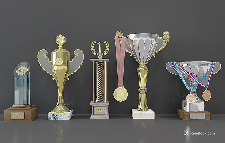 Various Trophies And Medals With Gold Silver Designs Ribbons And Marble Bases 3d model 
