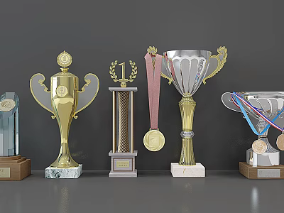 Various Trophies And Medals With Gold Silver Designs Ribbons And Marble Bases 3d model