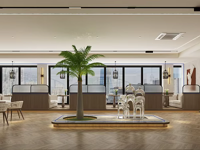 Modern Cafe Interior With Palm Tree Large Windows Booth Seating And Herringbone Flooring 3d model