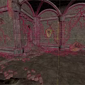 Ancient Ruined Medieval Chamber With Stone Walls Arched Vaults Shield And Debris