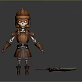 Detailed Skeleton Warrior 3D Character With Orange Armor Helmet And Spear