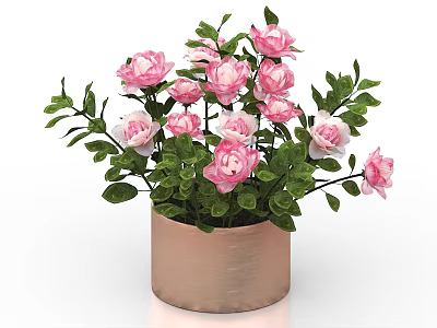 Beautiful Pink Roses Arrangement in Copper Vase with Fresh Green Leaves 3d model