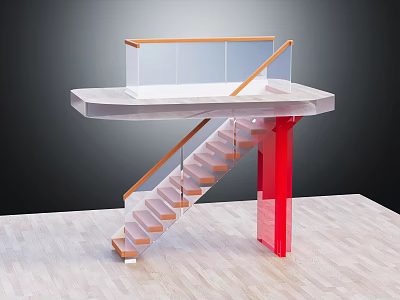 Modern Staircase With Wooden Handrail Glass Balustrade And Red Support Column 3d model