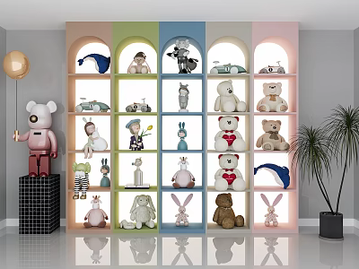 Various Stuffed Toys Displayed On Pastel Arched Shelves With Lighting And Potted Plant 3d model