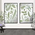 Framed Green Leaf Pattern Wall Art In Modern Indoor Space With Potted Plants 3d model