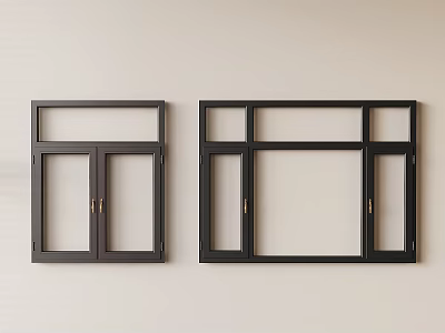 Black Casement Windows Mounted On Light Colored Wall With Sleek Frame And Metal Handles 3d model