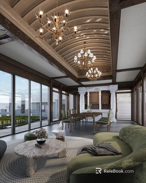 Traditional Dining And Living Room Interior Design With Wooden Structure Chandelier And Large Windows 3d model 