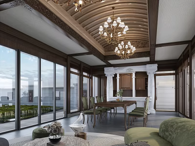Traditional Dining And Living Room Interior Design With Wooden Structure Chandelier And Large Windows 3d model
