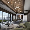 Traditional Dining And Living Room Interior Design With Wooden Structure Chandelier And Large Windows