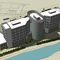 Modern Multi Storey Hotel Building With Circular Structure Waterfront Landscaping And Parking Area