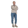 Woman Standing With Crossed Arms In Beige Sweater And Blue Jeans Against Grey Background