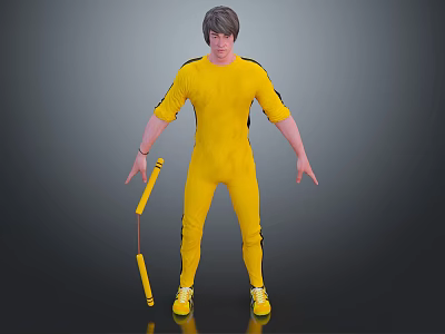 3D Male Character in Yellow Jumpsuit Holding Nunchaku Standing Pose 3d model