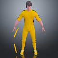 3D Male Character in Yellow Jumpsuit Holding Nunchaku Standing Pose