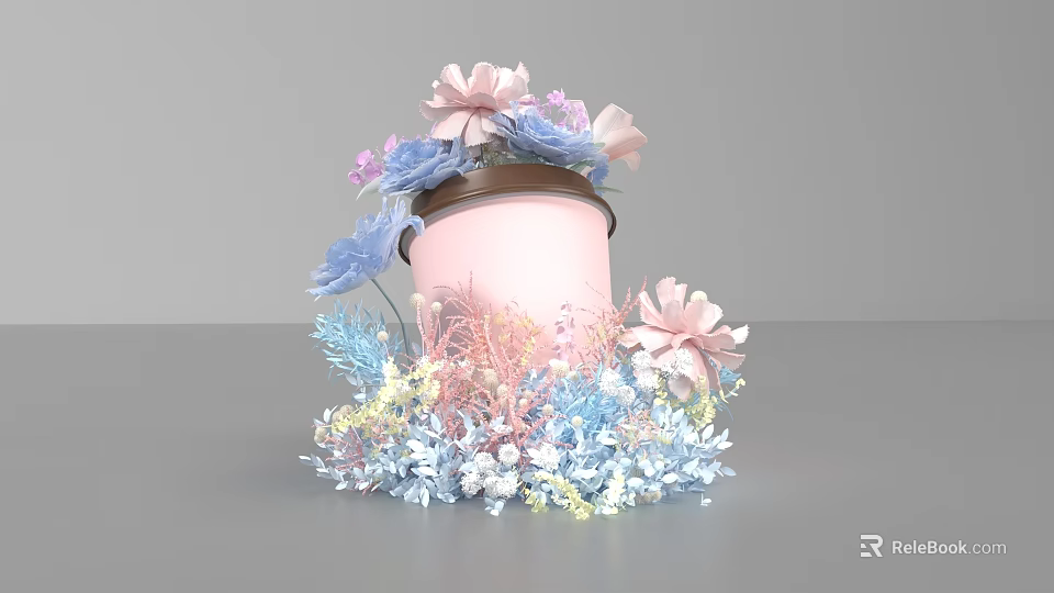 Charming Photo Spot With Pink Jar Brown Lid And Colorful Floral Decor 3d model 