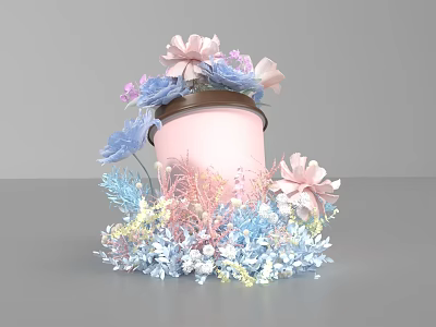 Charming Photo Spot With Pink Jar Brown Lid And Colorful Floral Decor 3d model
