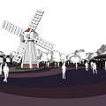 Scenic Square Landscape With White Windmill Pink Ground Green Trees And People Walking