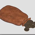 Small Brown Leather Pouch With Spilled Metal Coins On White Background