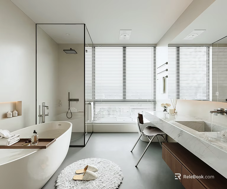 Modern Bathroom Interior With Freestanding Bathtub Glass Shower Large Windows And Marble Vanity 3d model 