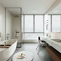 Modern Bathroom Interior With Freestanding Bathtub Glass Shower Large Windows And Marble Vanity