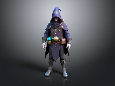 Man In Purple Hooded Robe With Decorative Belt And Mystical Accessories 3d model