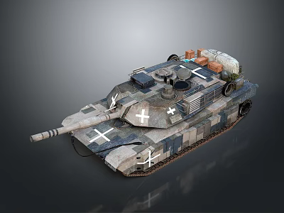 Camouflaged Military Tank Design With White Cross Symbols Top Storage And Cannon Barrel 3d model