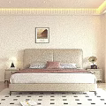 Modern Bedroom Interior With Beige Upholstered Headboard Bedding Nightstands Lamp Wall Art And Geometric Rug