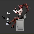 Anime Female Game Character With Red Twin Ponytails Wearing Glasses Sitting On Printer Holding Papers