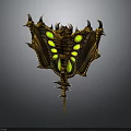 Character Holding Golden Mythical Creature Weapon With Green Glowing Eyes And Spiked Wings