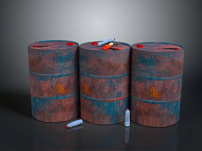 Vintage Food Grade Oil Barrels In Red Blue Tones With Yellow Symbols And Small Seasoning Bottles For Kitchen 3d model