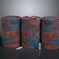 Vintage Food Grade Oil Barrels In Red Blue Tones With Yellow Symbols And Small Seasoning Bottles For Kitchen
