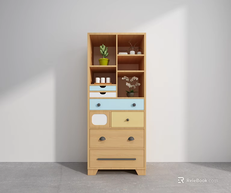 Modern Wooden Decorative Cabinet With Drawers Shelves Plant Cups And Vase Flowers 3d model 