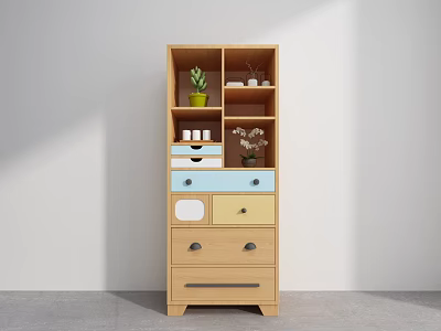 Modern Wooden Decorative Cabinet With Drawers Shelves Plant Cups And Vase Flowers 3d model