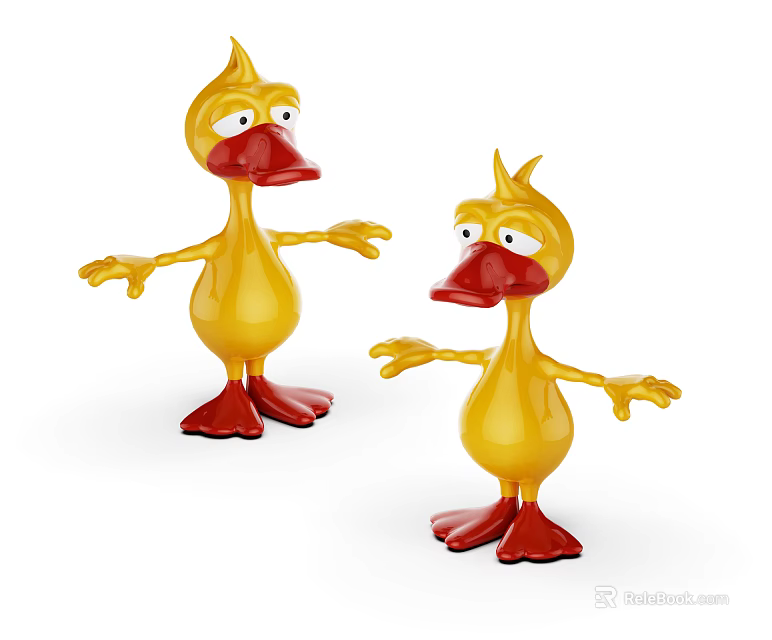Two Playful Yellow Cartoon Ducks With Red Beaks And Outstretched Arms 3d model 