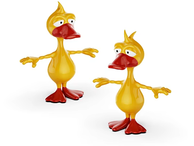 Two Playful Yellow Cartoon Ducks With Red Beaks And Outstretched Arms 3d model
