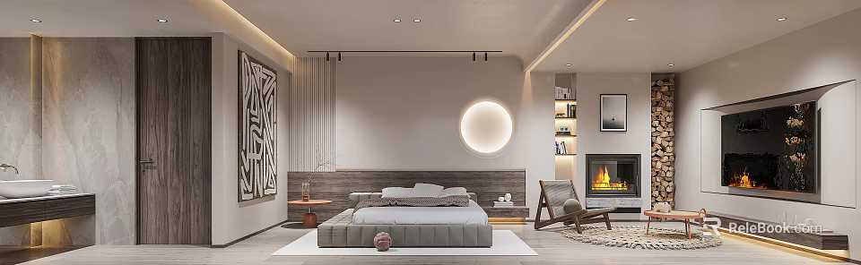 Modern Bedroom Interior with Large Bed Round Wall Light Fireplace Accent Chair and Decorative Rug 3d model 