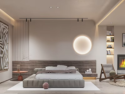 Modern Bedroom Interior with Large Bed Round Wall Light Fireplace Accent Chair and Decorative Rug 3d model