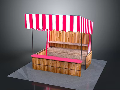 Wooden Market Stall With Red And White Striped Awning And Pink Countertop 3d model